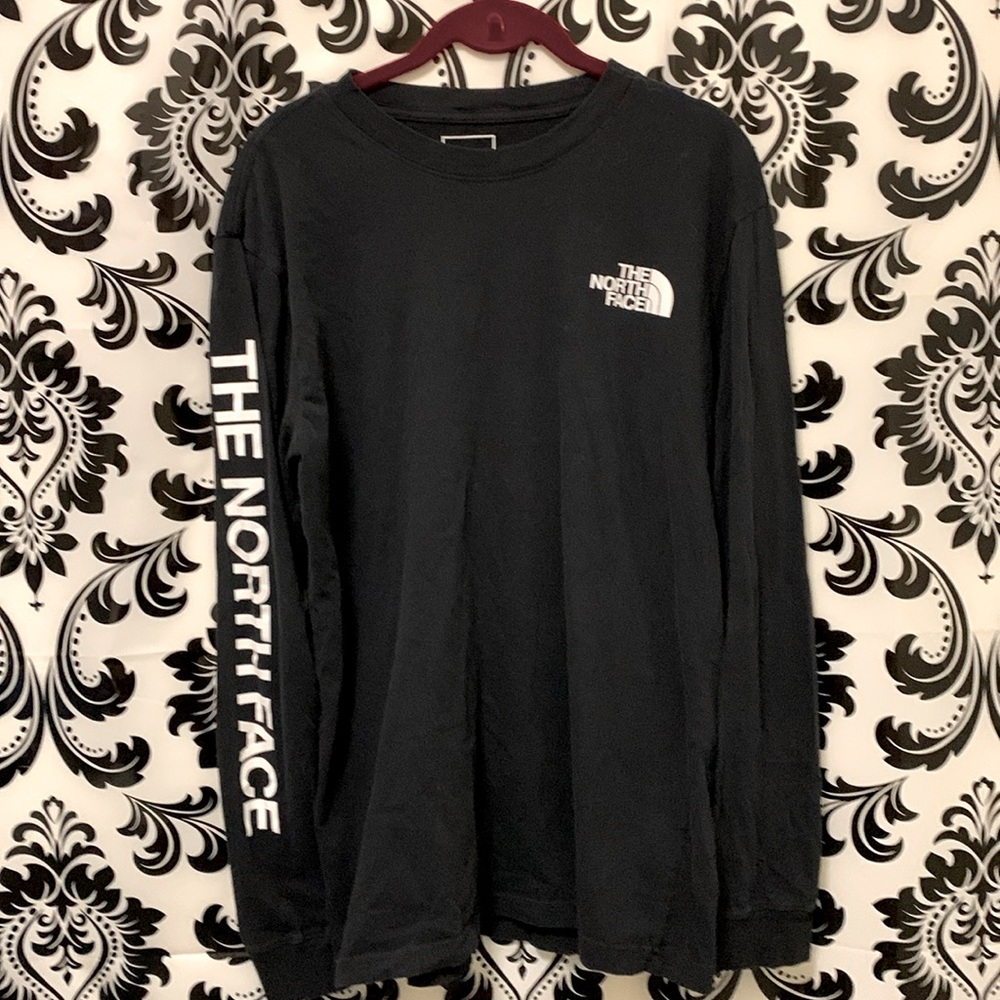 NORTH FACE SHIRT MENS MEDIUM BLACK LONG SLEEVE TEE CREW NECK SPELLOUT LOGO